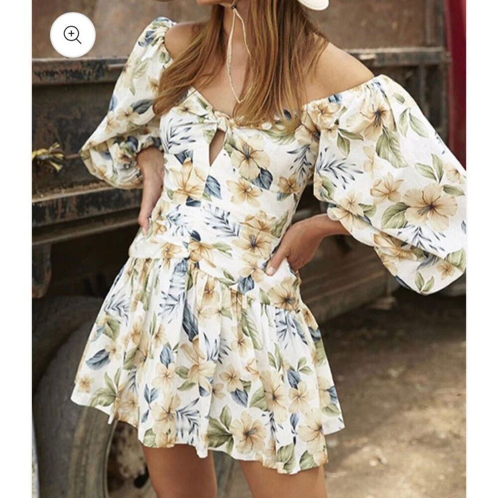 Avant Look Women's Puff Sleeve Off The Shoulder Floral Pleated Dress Cream Size